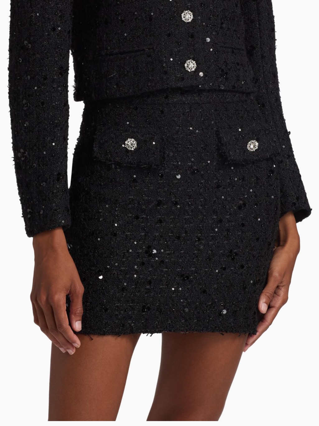 Generation Love Black Sequin Tweed Mini Skirt With Jewel Buttons